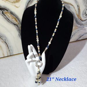 21" Strand Blue Brown Silver Stones Statement Necklace